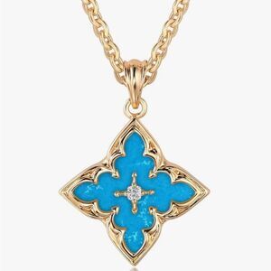 14K Gold Clover Necklace Blue Lucky Pendant Flower Chain Dainty Van Cleef Style